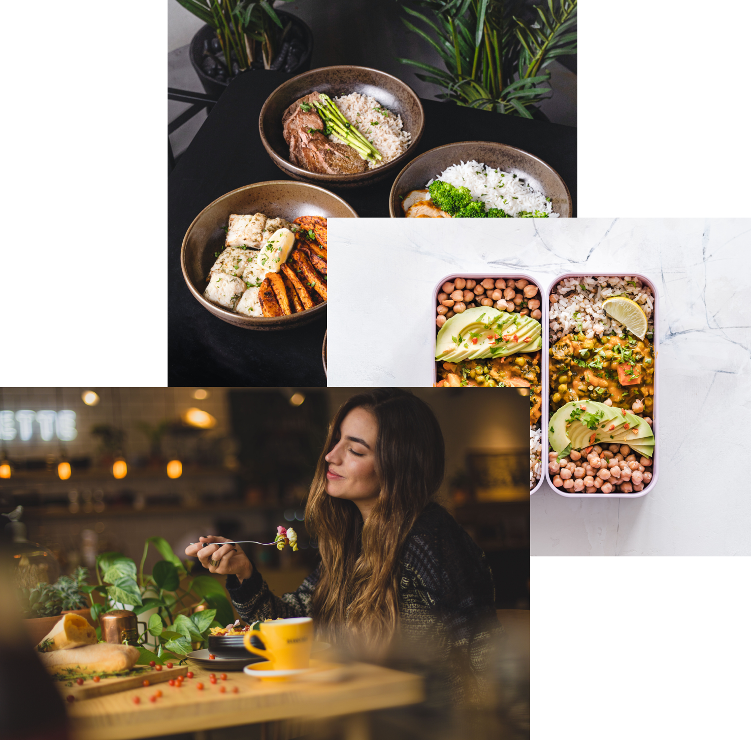 Woman enjoying food, meals in stoarage container, and food bowls on a table
